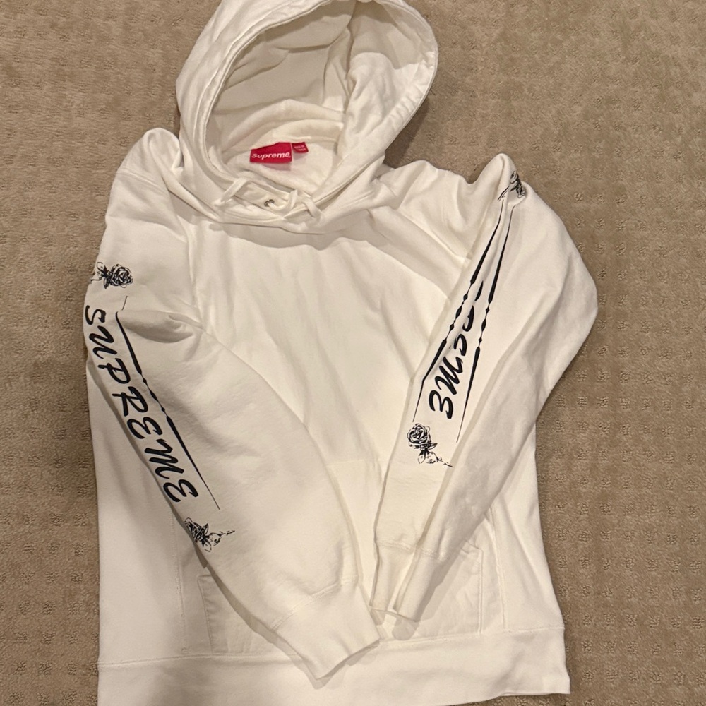 Supreme White Hoodie with Black Sleeve Script & Rose Graphics